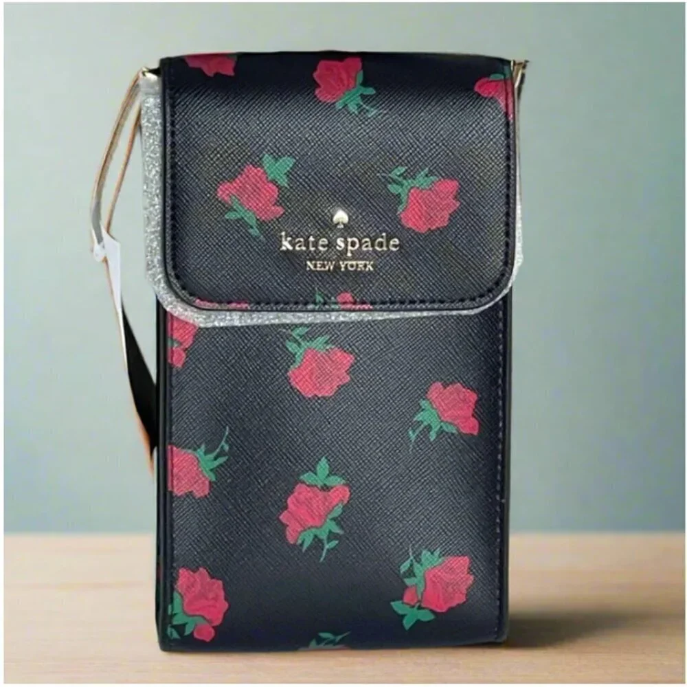 Kate Spade Madison Phone Crossbody Black Rose Toss Leather Bag NWT - Picture 2 of 8